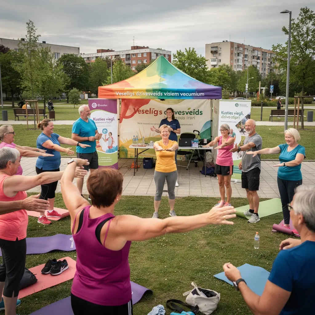 Grupas treniņš pie datora, cilvēki seko instruktora norādījumiem.