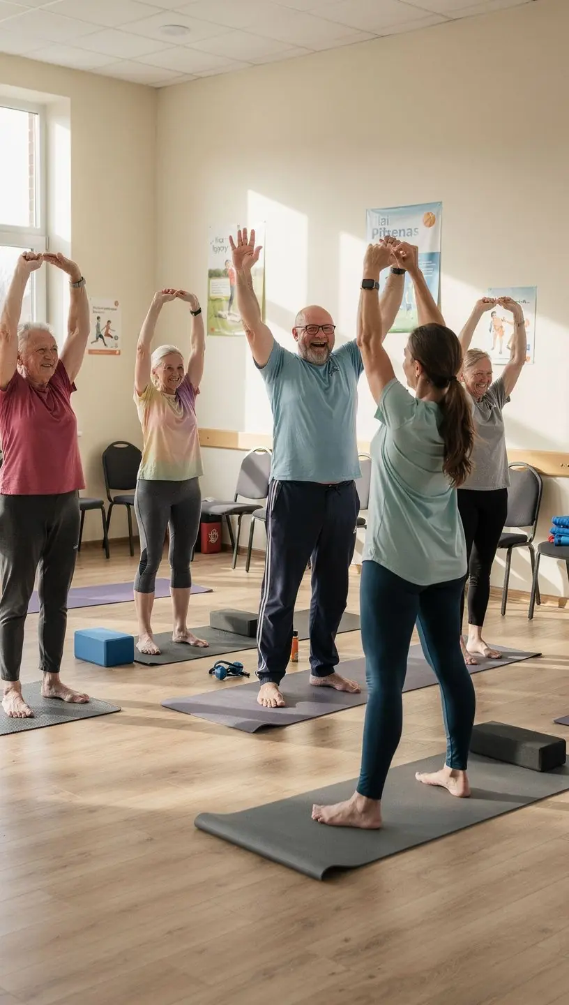Sieviete veic vingrojumus ar elastīgajām joslām, uzsverot locītavu veselību.