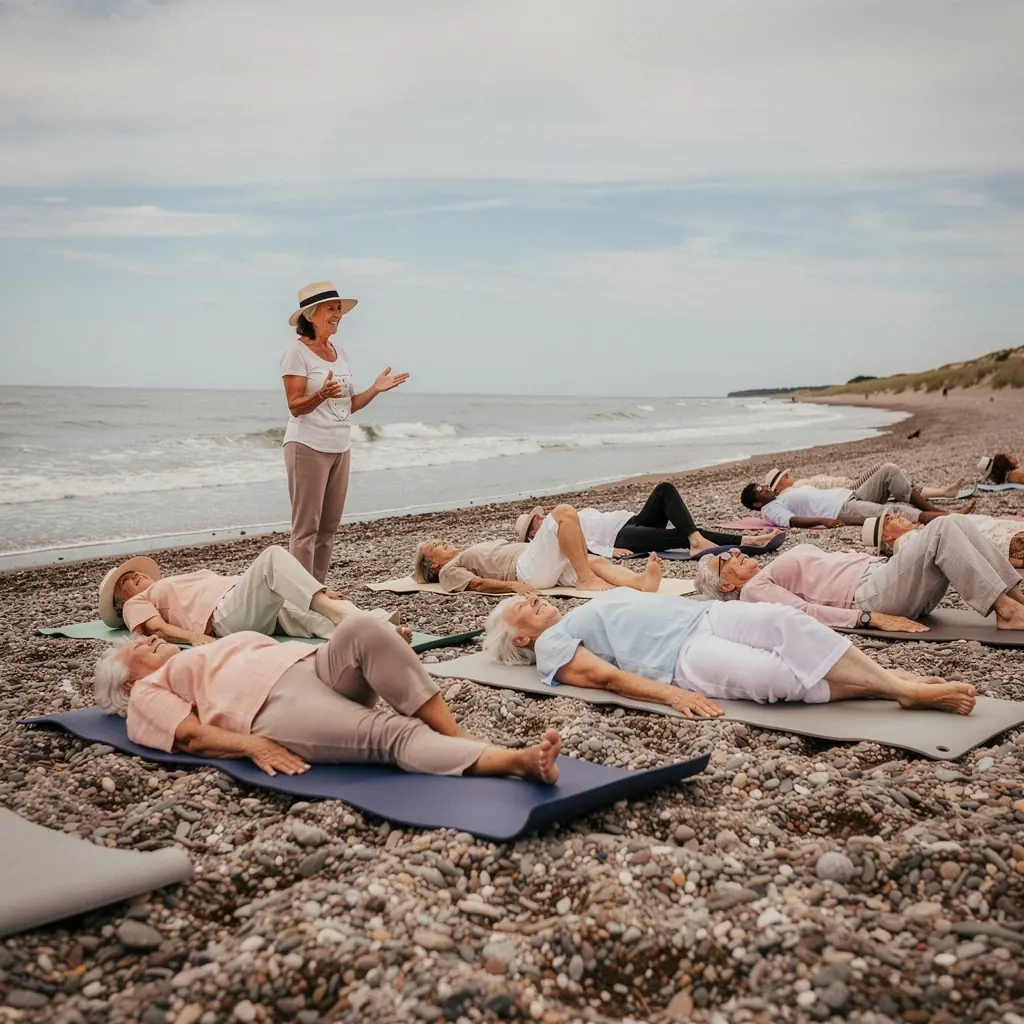 Seni cilvēki, kas nodarbojas ar jogu mājās.