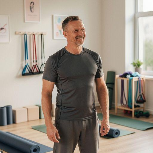 Senioru pāris, kas kopā veic vieglus fiziskos vingrinājumus.