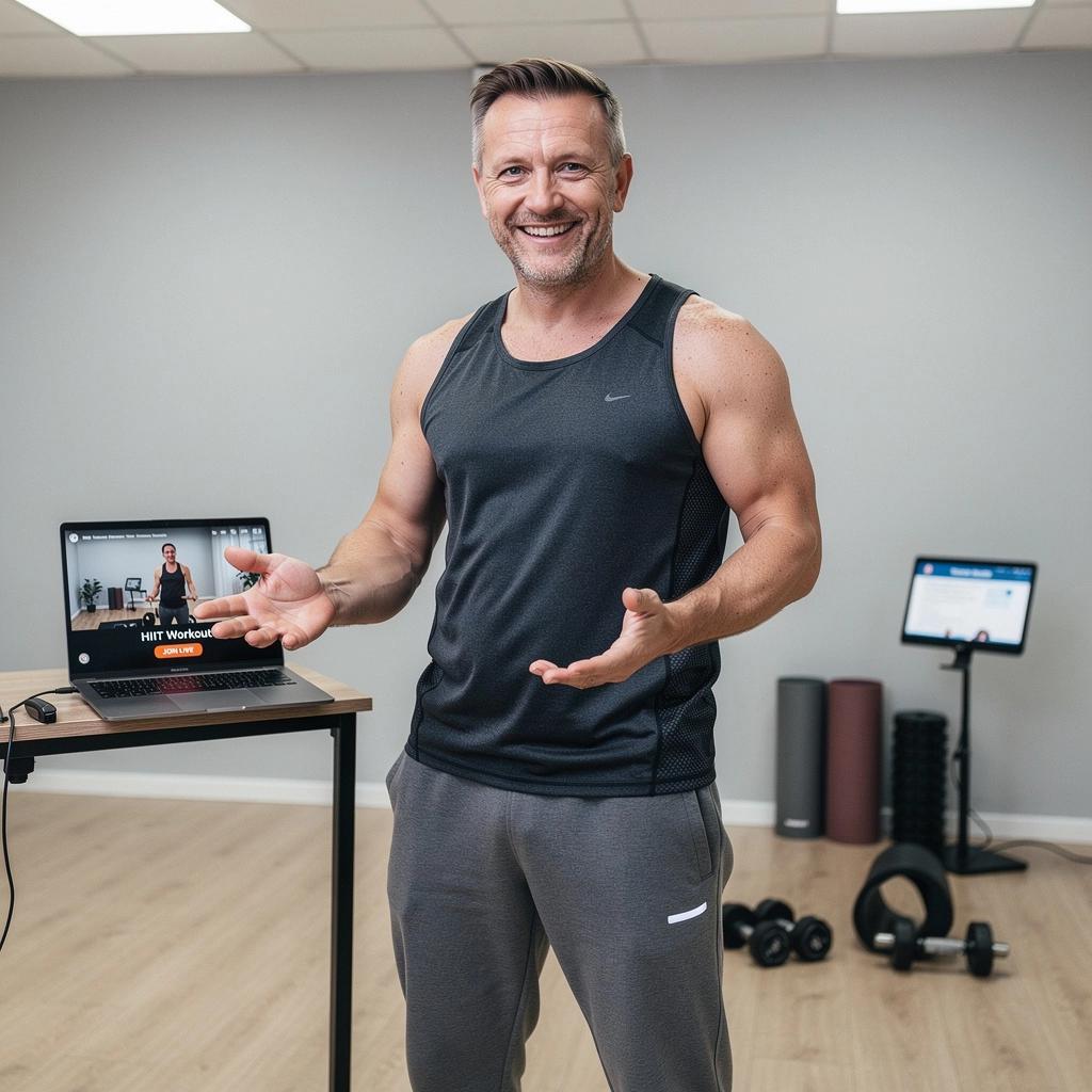 Cilvēki grupā, kas smejas un izbauda vingrošanu pie datora.