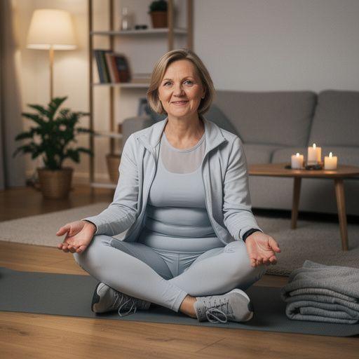 Sieviete, kas veic elpošanas vingrinājumus, sēžot krēslā.